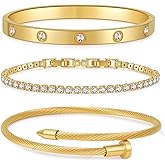 Shengkeao Gold Plated Bangle Bracelets for Women Stackable 18K Gold Plated Stainless Steel Love Bracelet Set Nail Cuff Bangle Set for Love Jewelry Adjustable Tennis Bracelet Non Tarnish Gift Jewelry