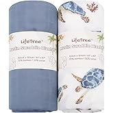 LifeTree Muslin Swaddle Blankets, Baby Swaddling Wrap Nursery Receiving Blanket for Boys & Girls, Soft 70% Viscose from Bamboo and 30% Cotton, Large 47 x 47 inches, Sea Turtle & Solid Colors