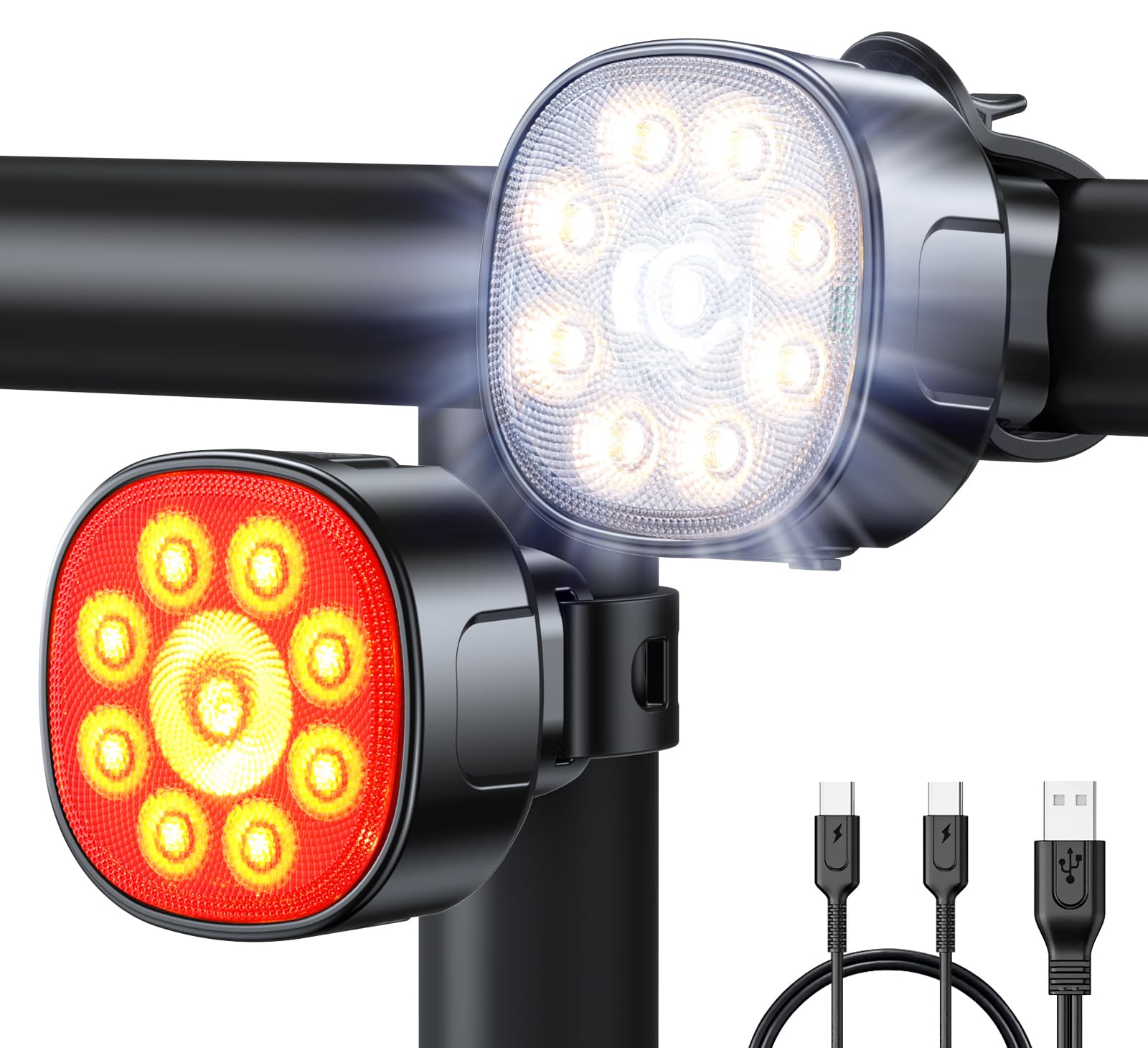 Babacom Bike Lights [8+7 Modes], USB Rechargeable Bike Lights Front and Back, Ultra Bright with Spotlight & Floodlight, IP65 Waterproof Bicycle Light Bikes Accessories for Road Mountain Day/Night Safe