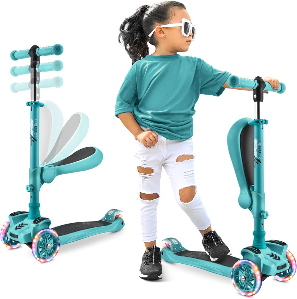 Hurtle 3-Wheeled Scooter Kids Teal Foldable Seat LED Lights Adjustable Handlebar