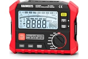 KAIWEETS HT5203 Megohmmeter, Insulation Resistance Tester, Up to 100GΩ, 50V/100V/250V/500V/1000V, One-Touch DAR/PI, with AC/DC Voltage Testing for Motors, Solar, HVAC