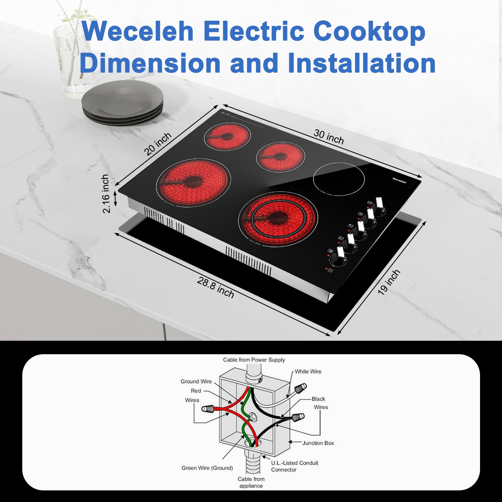 30 Inch Electric Cooktop, 5 Burners Built-in Cooktop, 7300W Knob Control Electric Stove Top with 11 Power Levels, Safety Lock, Dual Ring, Heat Retention Function, Hot Surface Indicator