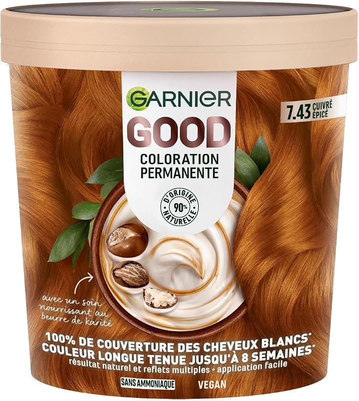 - Permanente Haarfarbe – ohne Ammoniak – 90% natürliche Inhaltsstoffe – Sheabutter – 100% Abdeckung für weißes Haar – GOOD gewürztes Kupfer 7,43