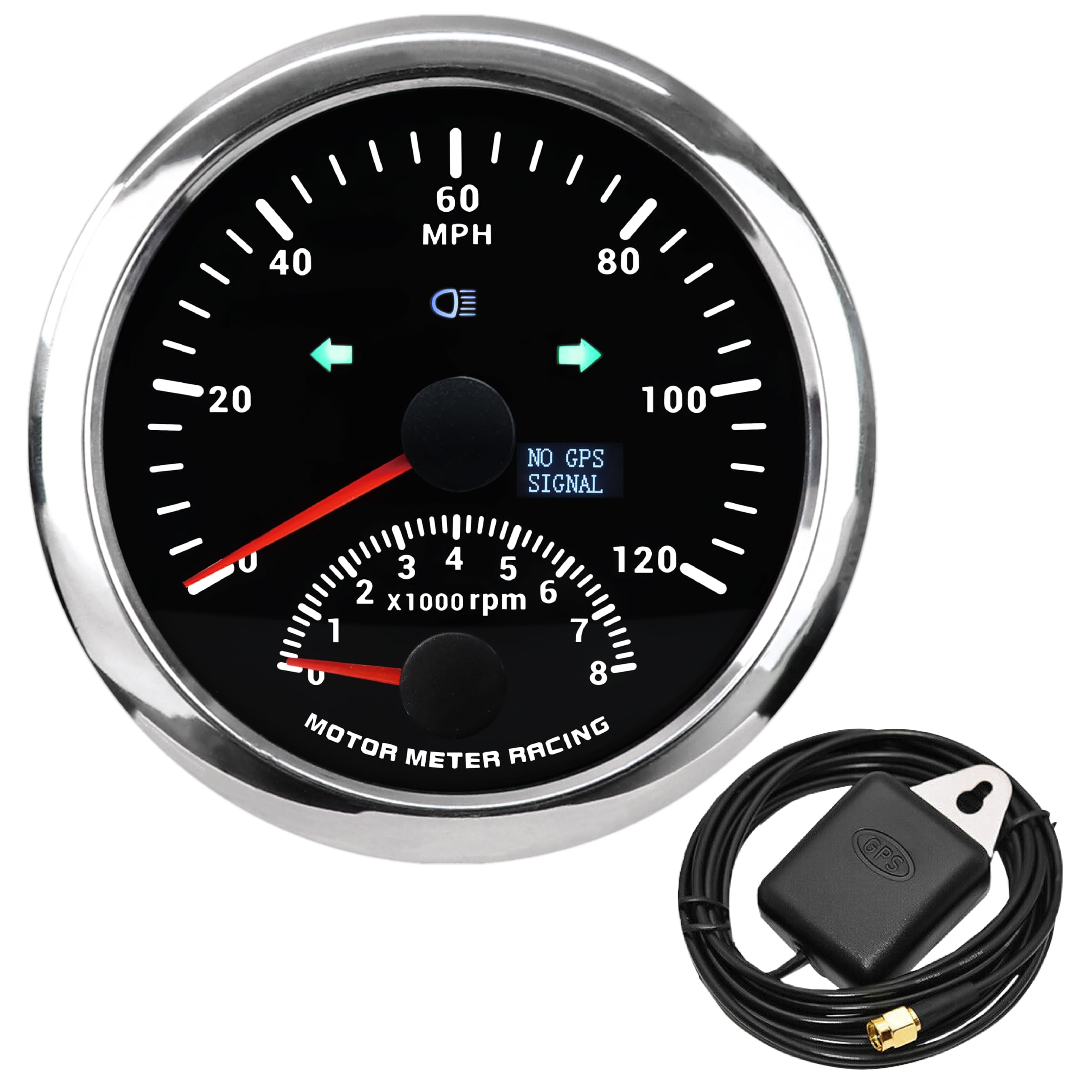 MOTOR METER RACING W Pro 85mm (3-3/8") 2in1 GPS Speedometer & Rev Counter - 120 MPH, 8000 RPM, Indicator Light - Black Dial White LED - For Car Motorcycle Truck Marine