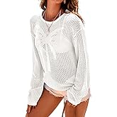 Dokotoo Womens Fashion 2026 Summer Crochet Hollow Out Long Sleeve Sweaters Casual Crewneck Pullover Shirt Beach Coverup
