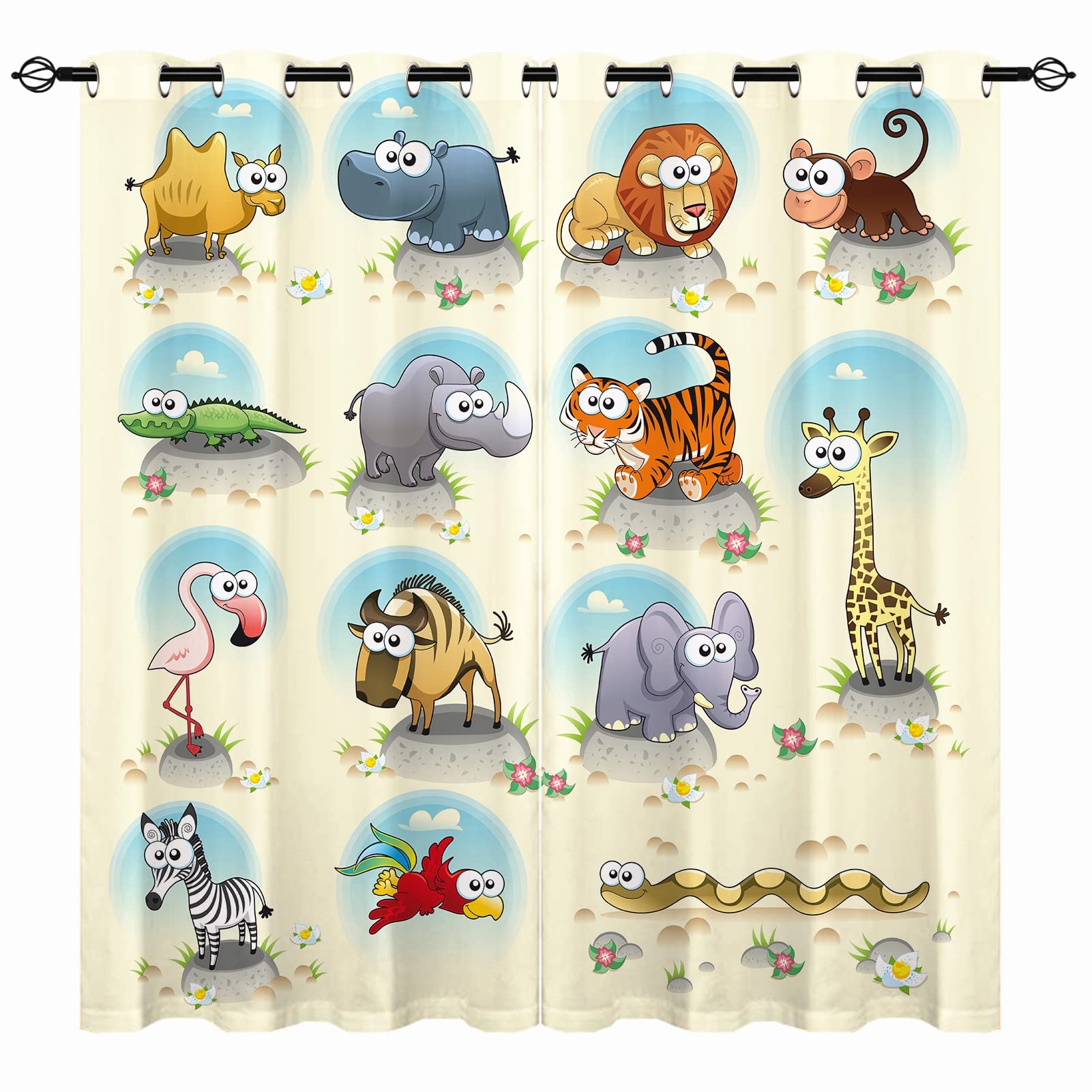 YUANZU Animal Curtains - Kids Cartoon Funny Savannah Animals Characters Print Pattern Eyelet Blackout Thermal Room Darkening Window Drapes for Nursery Baby Bedroom Playroom 2 Panels W117cm x D137cm