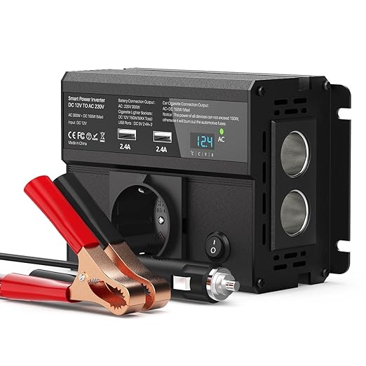 CHGeek 300W Auto Wechselrichter DC 12V auf AC 230V Inverter KFZ Spannungswandler Wechselrichter mit EU Steckdose, 4.8A Dual U