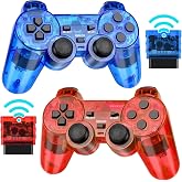 GamingBoy Wireless Controller for PS2, 2 Pack 2.4G Dual Vibration Gamepad Joystick Compatible for Play station 2, Ps-2 Game Remote with Wireless Receivers （Clear Red and Clear Blue）