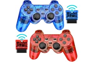 Doueuain Wireless Controller for PS2, 2 Pack 2.4G Dual Vibration Gamepad Joystick Compatible for Play station 2, Ps-2 Game Remote with Wireless Receivers（Clear Red and Clear Blue）