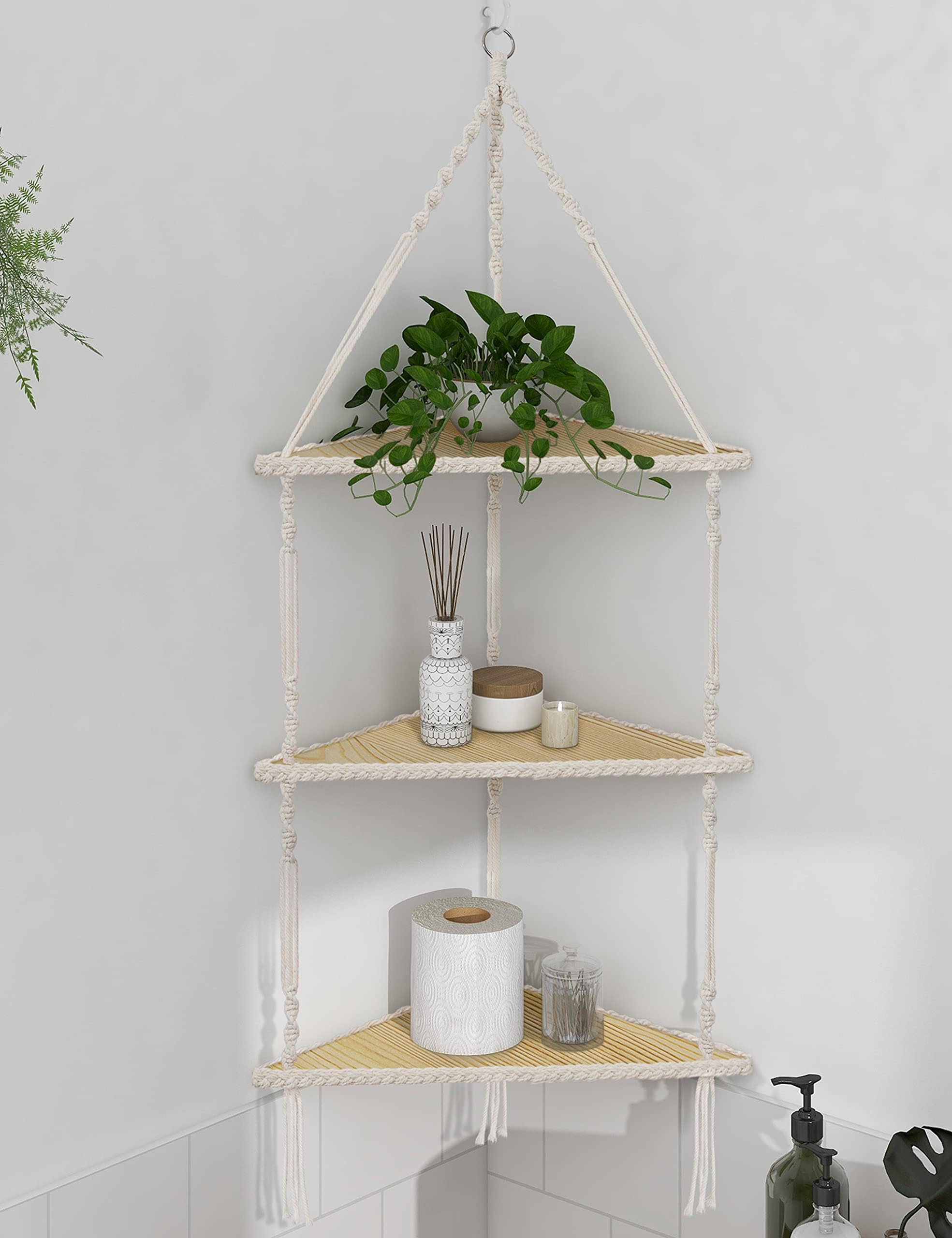 Mazjoaru Corner Shelves Macrame 3 Tier, Boho Handmade Woven White Rope ...