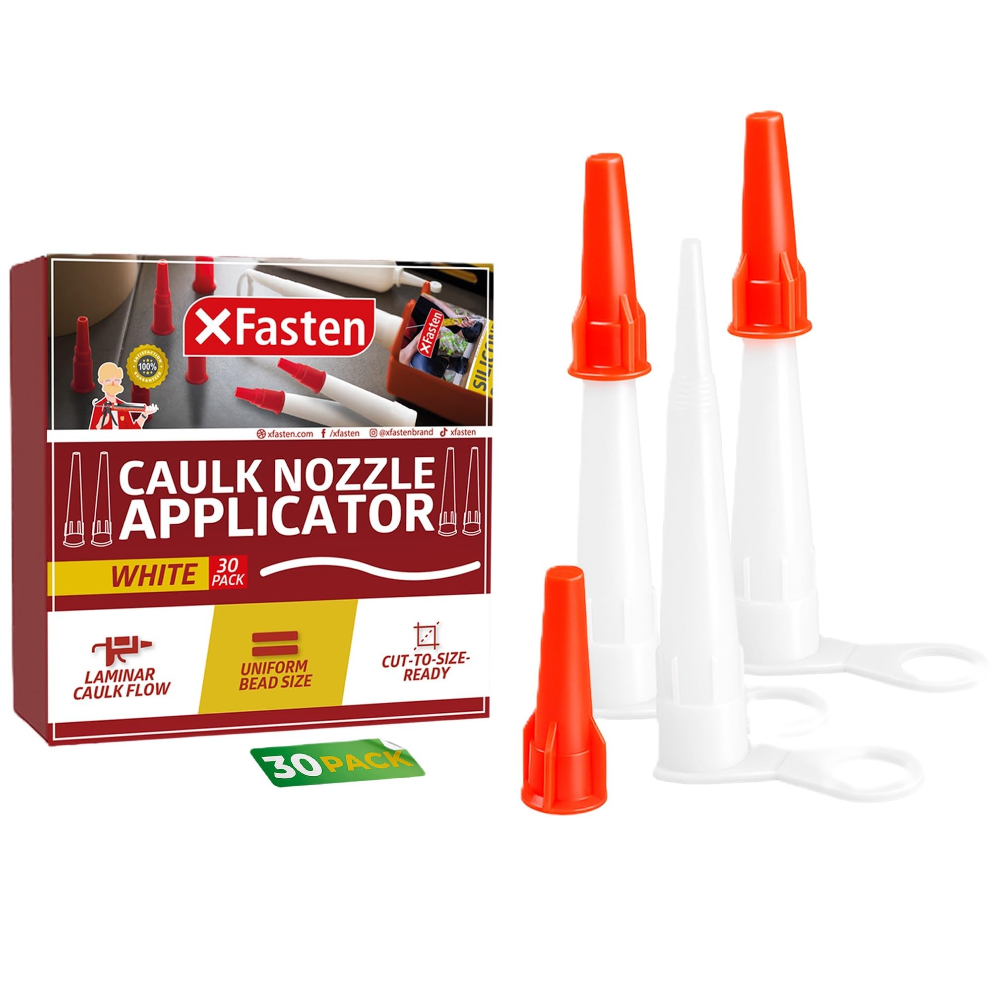 Photo 1 of XFasten Caulking Tips 30-Pack - Reusable, Drip-Resistant Caulk Nozzle Tip Set with Sealing Caps, Cuttable Plastic Nozzles for Standard Caulking Tubes and Sausage Caulk Guns, Stops Drying, Easy to Use