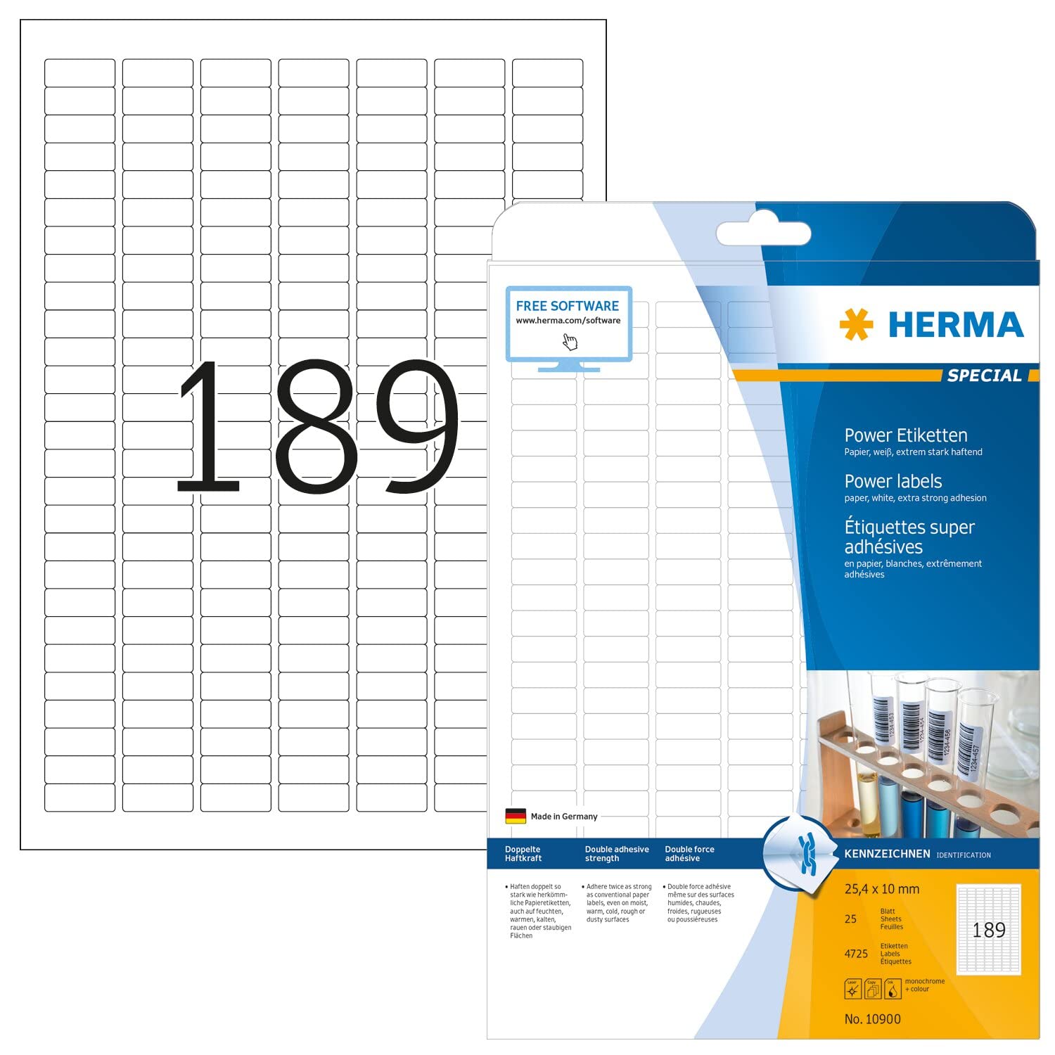 HERMA Extra Strong Adhesive Labels, 189 Labels per A4 Sheet, 25 Sheets, 25.4 x 10 mm, 4725 Labels, Blank Heavy Duty Labels Stickers, Sticky Labels for Laser & Inkjet Printer, White