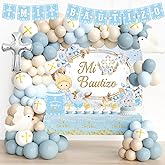 Fiesec Mi Bautizo Decorations for Boys, 111 PCs Mexican Baptism Party Supplies with Blue Floral Backdrop, Balloon Garland, Tablecloth, Cake Topper for God Bless First Holy Communion Party
