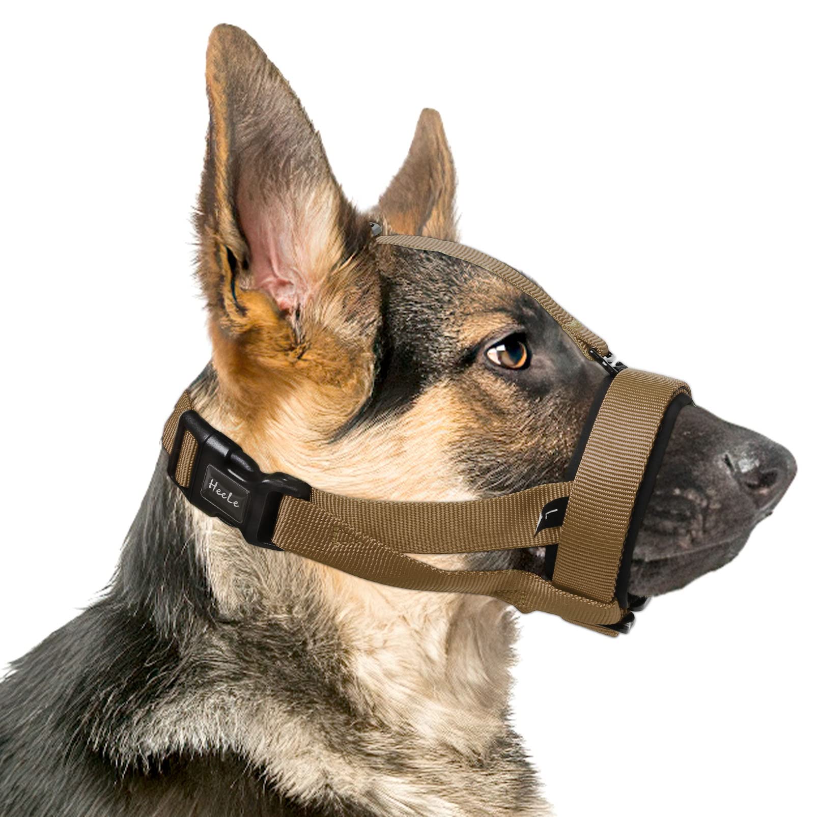 HEELE Dog Muzzle with Head Strap and Adjustable Loop and Soft Neoprene Padding, No More Chafing, Muzzle for Large dogs to Prevent Barking Biting and Chewing, Dog Muzzles for Training, Brown, XL