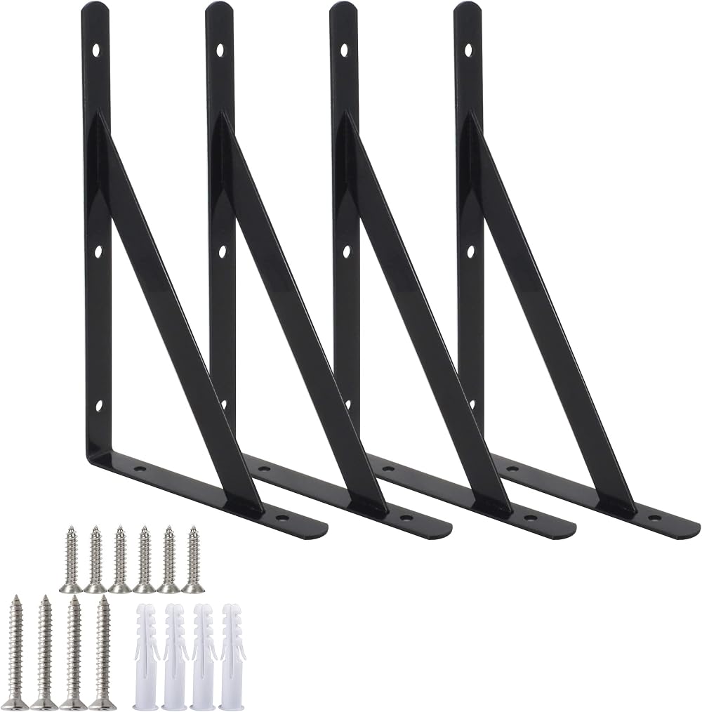 Ouvin Heavy Duty Shelf Brackets 12 Inch Triangle Right Angle Set of 4 Black