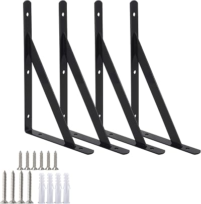 Ouvin Heavy Duty Shelf Brackets 12 Inch Triangle Right Angle Set of 4 Black