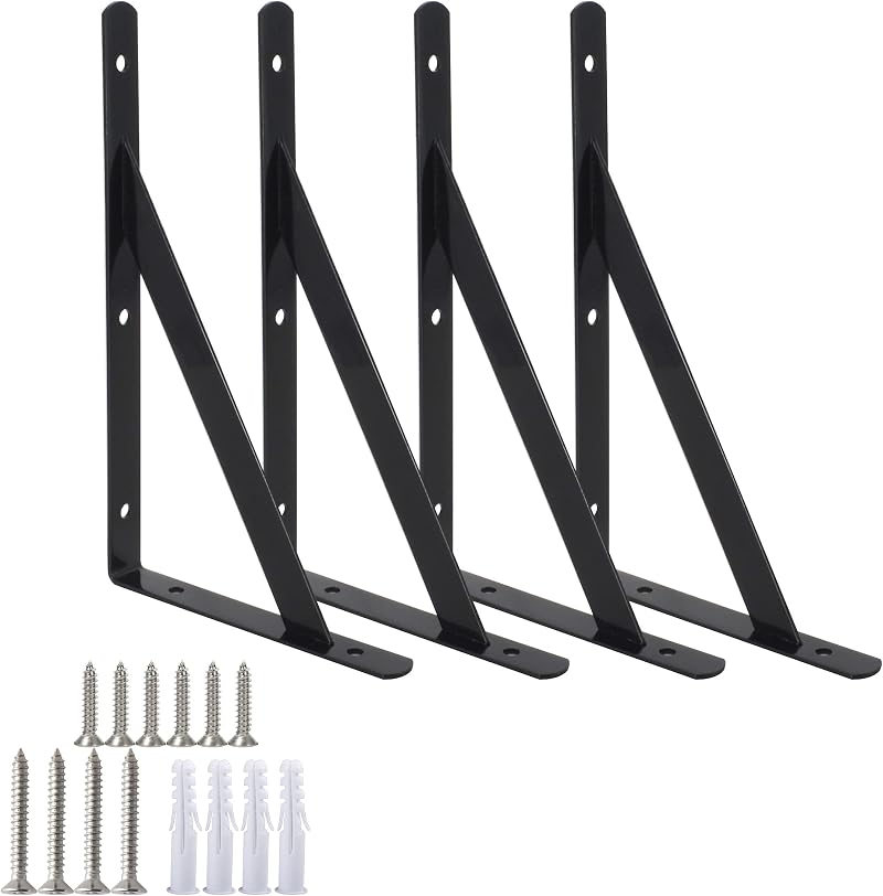 Ouvin Heavy Duty Shelf Brackets 12 Inch Triangle Right Angle Set of 4 Black