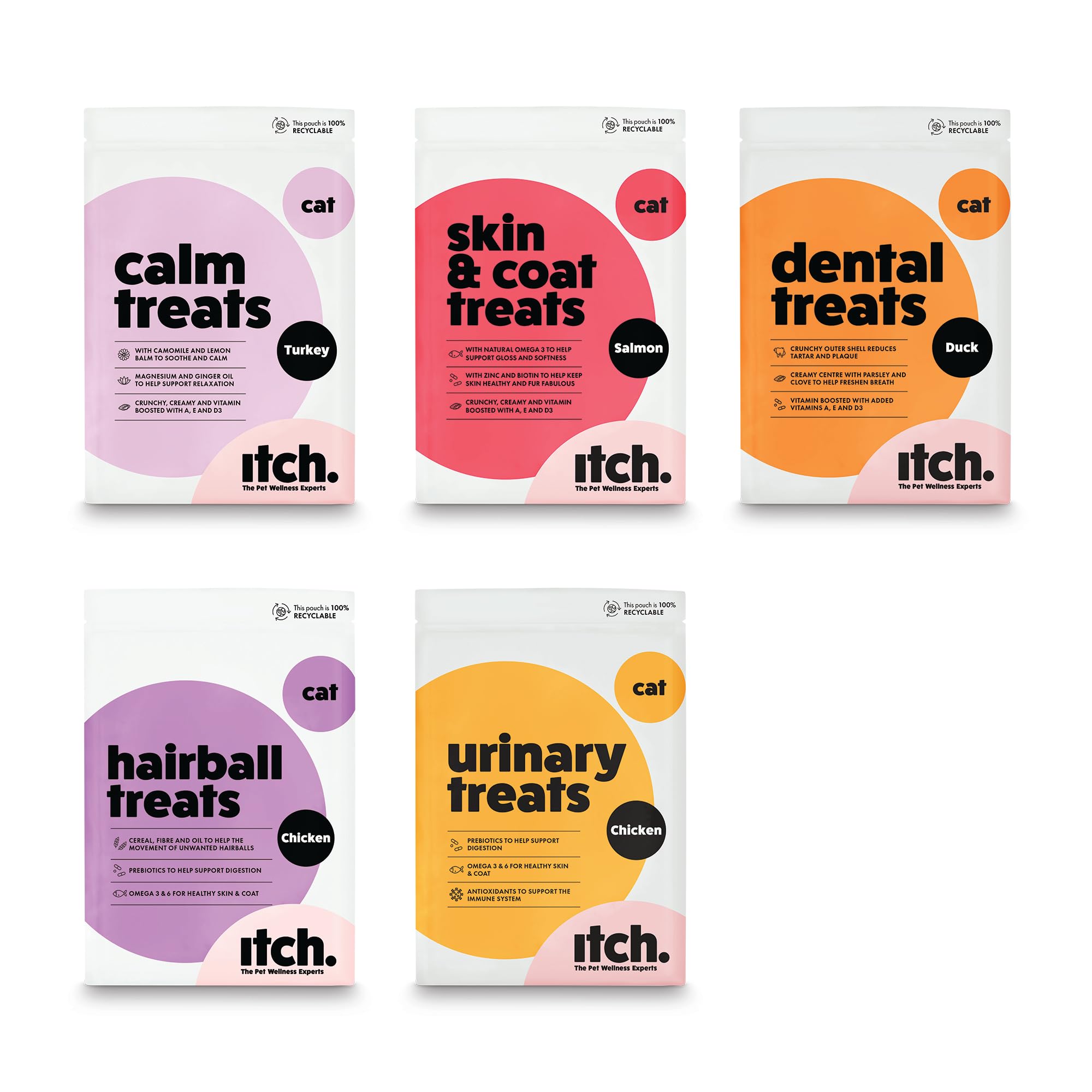 Itch - Healthy Pet Treats for Cats - Taster Variety Multipack - Contains Urinary, Skin & Coat, Calming, Dental and Anti-Hairball - Pack of 5