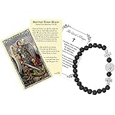 Saint Michael Bracelet - Laminated St Michael the Archangel Prayer Card, The Lord's Prayer Card - Stretchable Black San Miguel Arcangel Bracelet - Catholic Set - 3 Items