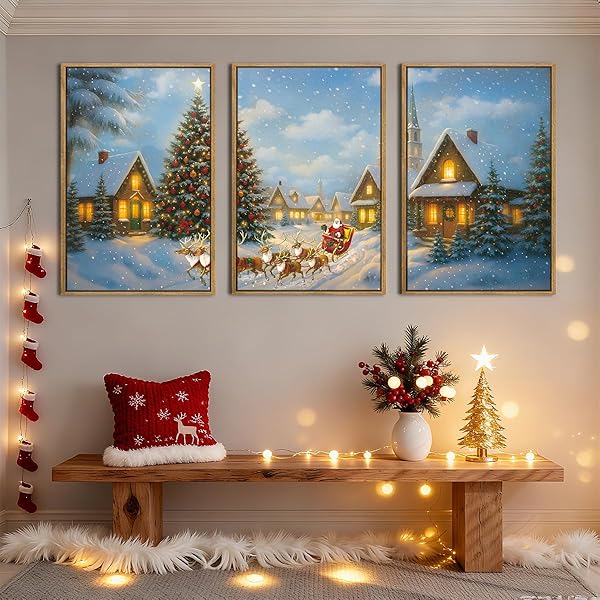 BINCUE CHRISTMAS WALL ART FRAMED SANTA CLAUS WALL ART DECOR SANTA WINTER WALL PAINTING FOR LIVING ROOM BEDROOM DINING ROOM 16X24 INCHES SET OF 3