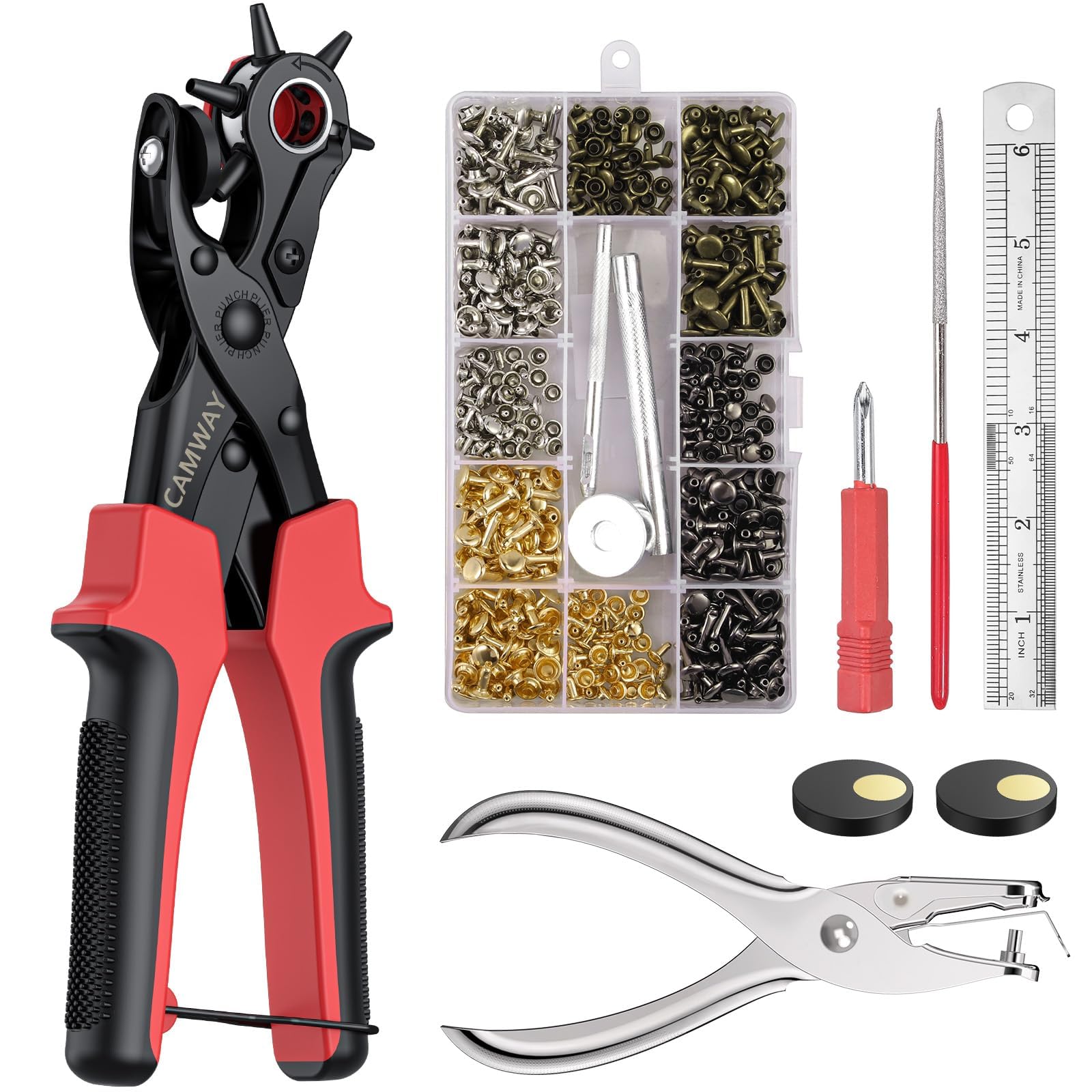 CAMWAY Leather Hole Punch,Belt Hole Puncher,6Size Revolving Punch Plier Kit Leather Punch Pliers Puncher + 240 Set Leather Rivets Double Cap Rivet for Bands,Dog Collars,Shoes,Fabric,Paper DIY