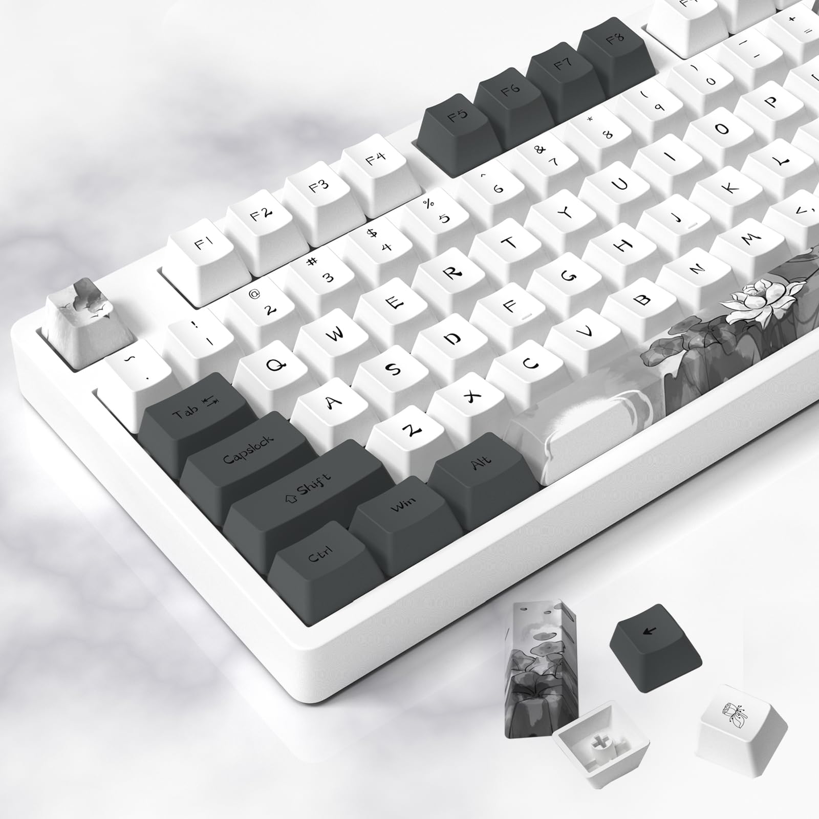 MOLGRIA Ink Lotus Keycaps, PBT OEM Profile Dye Sublimation 140 Set Custom Keycaps ANSI/ISO Layout with Puller for Gateron Kailh Cherry MX 104/87/74/61 60 Gaming Keyboard
