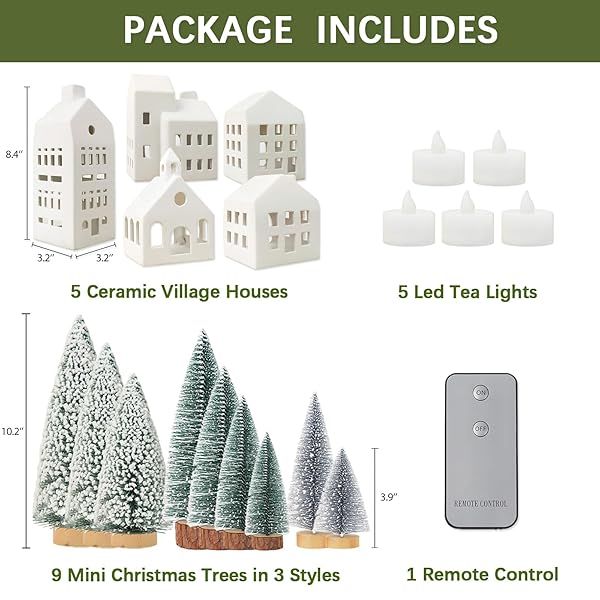 CHRISTMAS DECORATIONS – CHRISTMAS VILLAGE SETS OF 5 LIGHTED CERAMIC HOUSES WITH REMOTE CONTROL & 9 TREES – INDOOR WHITE XMAS HOLIDAY RUSTIC UNIQUE DECOR FOR HOME TABLE ROOM FARMHOUSE DECORATION