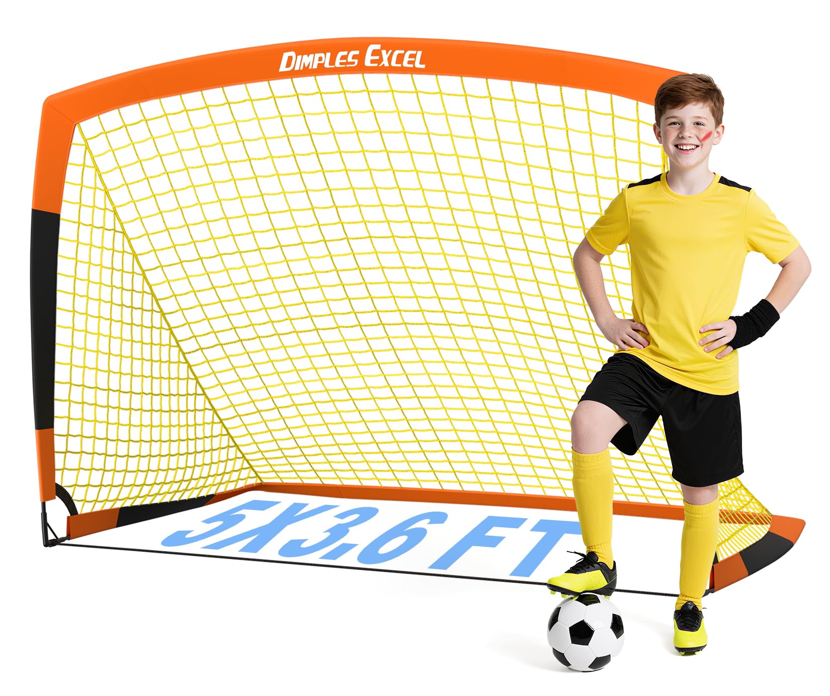 Dimples Excel Pop-Up Football Goal – 5x3.6FT 1 Goal Black & Orange | Portable & Foldable Garden Net | Great Gift for Football Fans