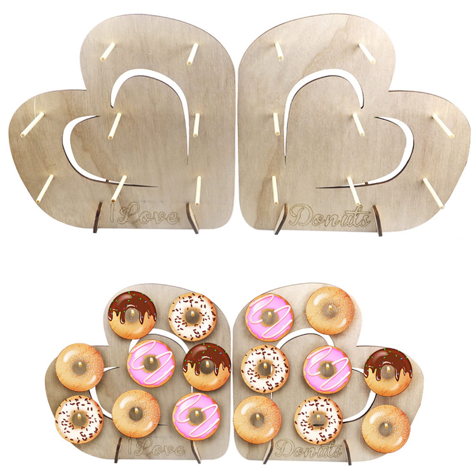 KIPETTO Donut Wall Display Stand 2Pcs Heart Shape Wood Doughnut Holder for Wedding Christmas Birthday Baby Shower Donut Party