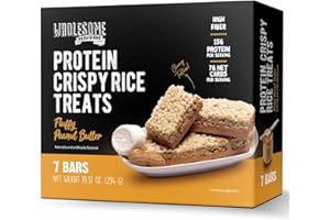 WHOLESOME PROVISIONS Protein Crispy Rice Treats, 15g Protein, 3g-7g Net Carbs, Low Carb, Fluffy, Soft, Chewy, Gluten Free, High Fiber, Keto-Friendly, No Aftertaste (Fluffy Peanut Butter, 1 Pack)