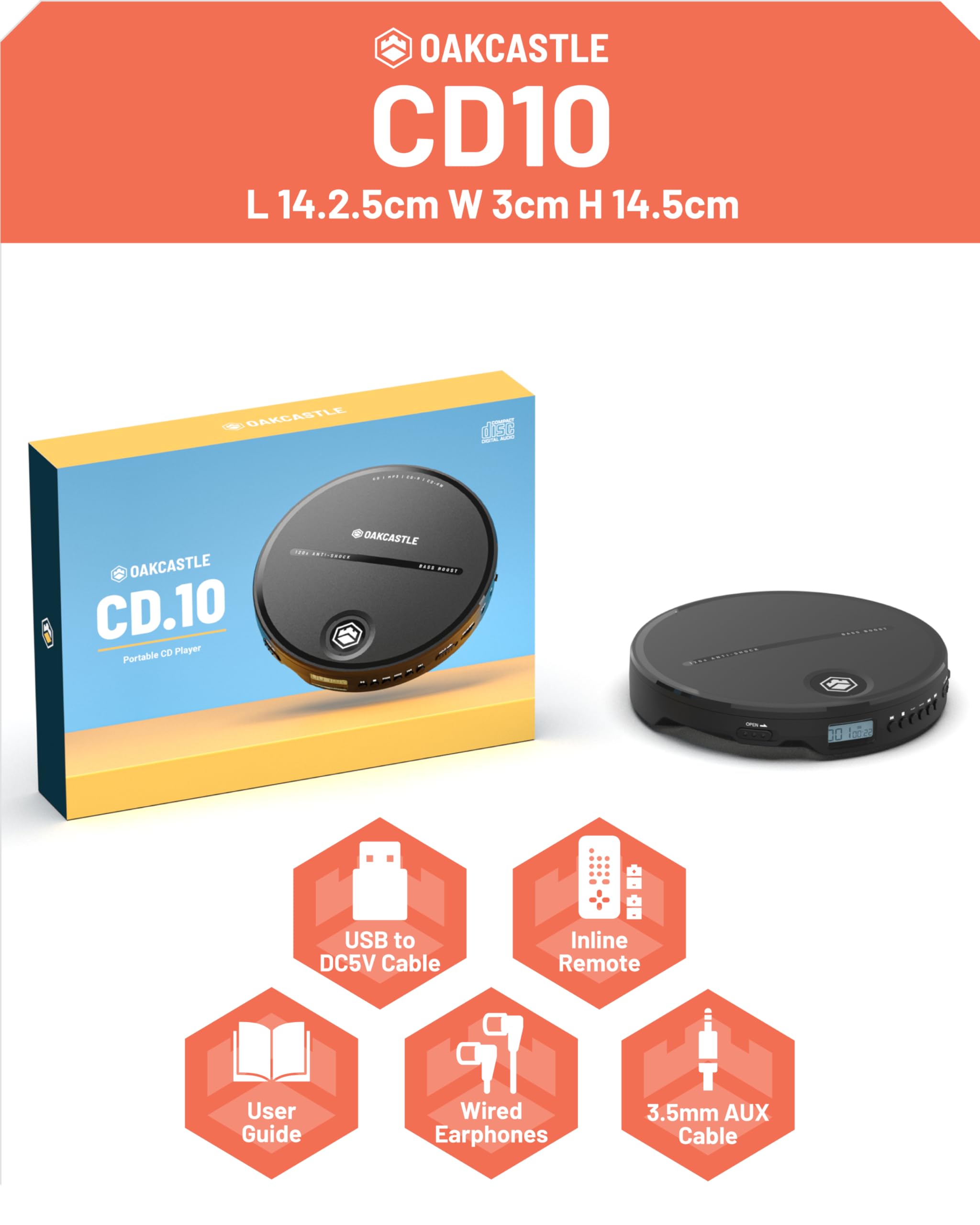 Personal CD Player | Portable Music Player with Included in-Line Control Earphones | 7 Hour Battery Playtime, in-Car AUX Compatibility | Bass Boost, Hold Lock and Anti-Skip Function | OAKCASTLE CD10