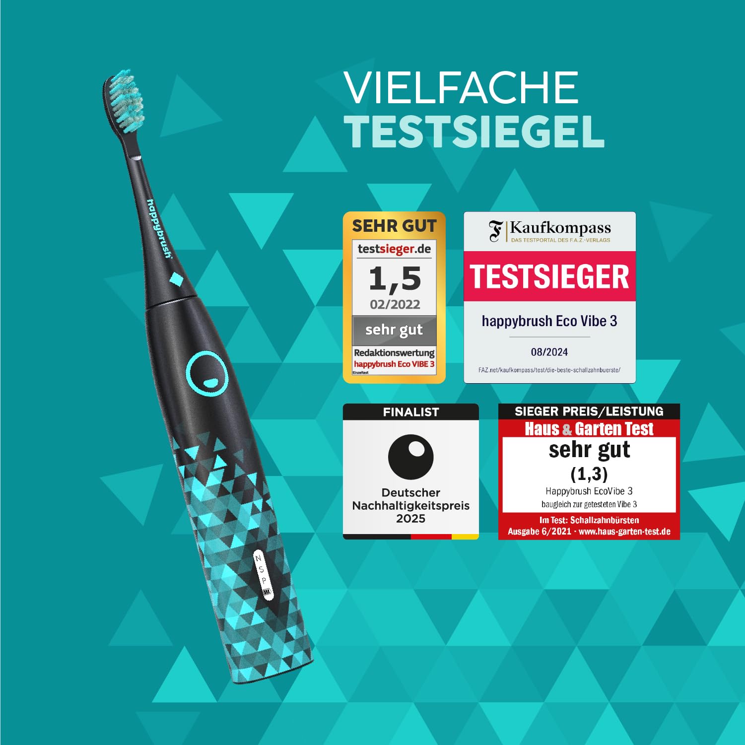 happybrush® Schallzahnbürste Eco Vibe 3 – TESTSIEGER – 100 Tage testen - Elektrische Zahnbürste mit 8 Wochen Akku – Ultraschall Zahnbürsten – 2 Jahre Garantie - Inkl. Aufsteckbürsten - Black/Mint 3