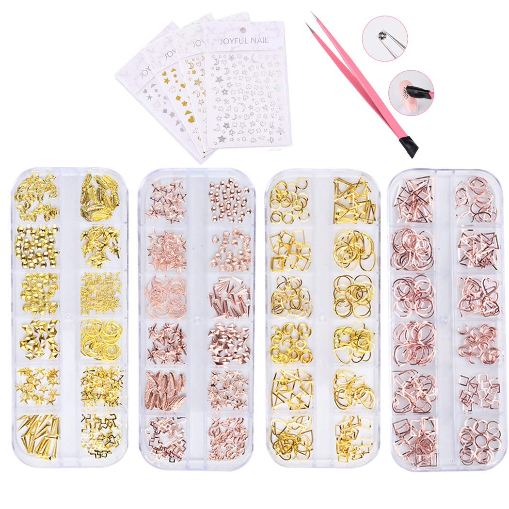 SIPLIV Metal Nail Art Rivet Hollow Out Heart-shaped Circle Rivet Nail Art DIY Decoration with Tweezer and Nail Star Moon Stickers(4 pcs), 4 Boxes, Rose Gold and Gold