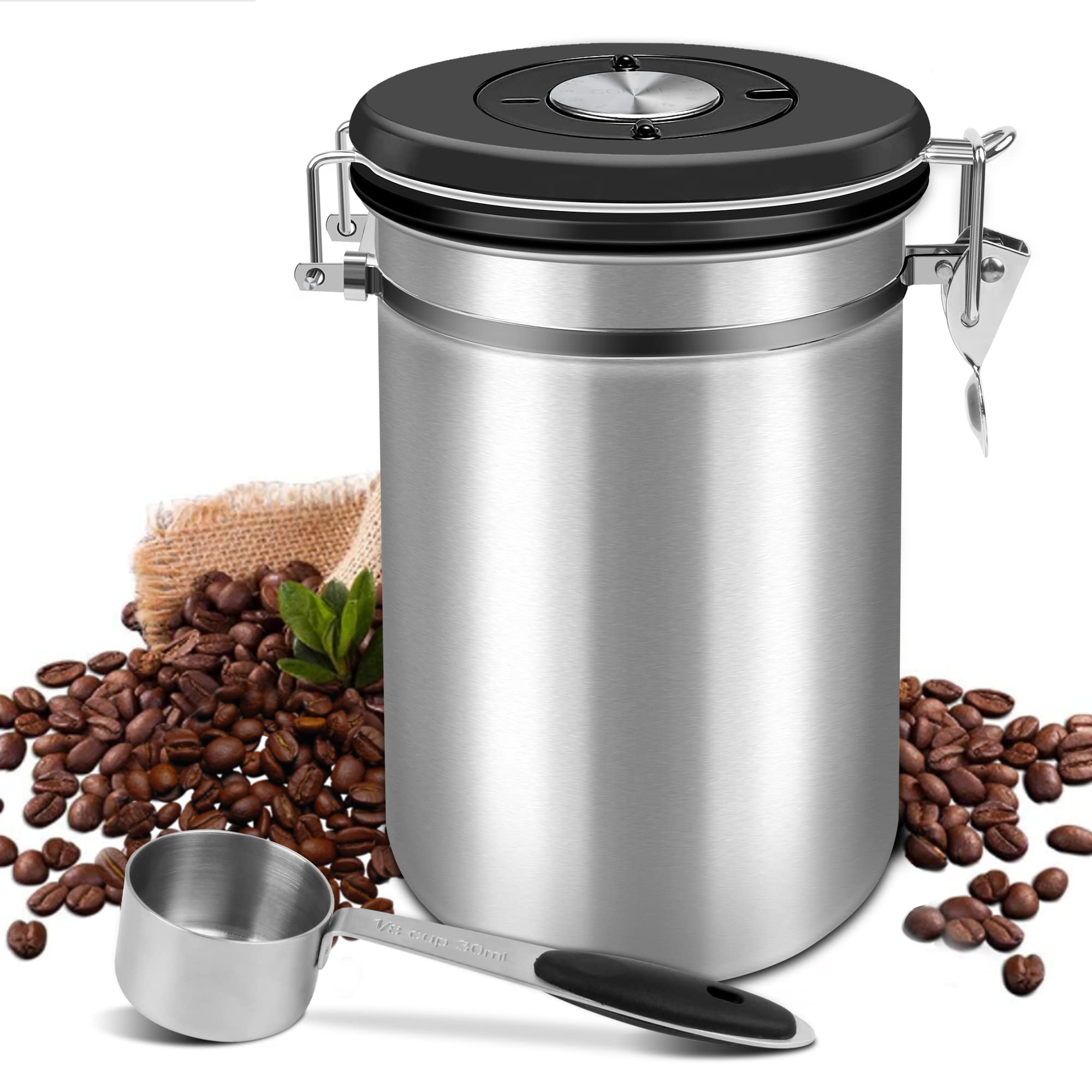 Shayson Coffee Canister Airtight, Stainless Steel Container for 635g/22.8oz Coffee Beans,Large 1800 ml Tea & Coffee Storage Jars with co2 Valve, 30ml Measure Spoon