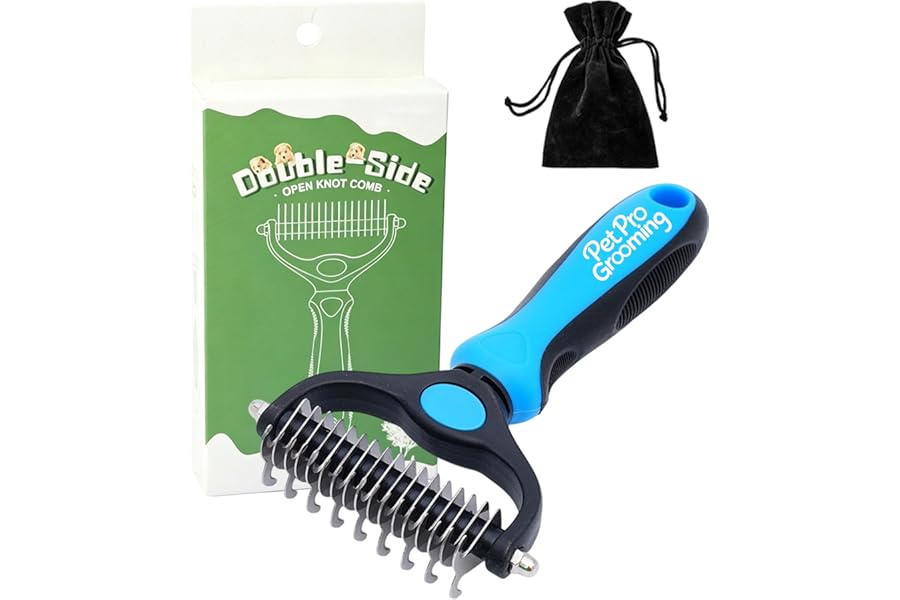 Pet Pro Grooming Tool, 2-In-1 Double-Sided Grooming Tool, Pet Shedding Remover Rounded-Tooth Comb For Painlessly Removing Knots And Loose Hair (Blue-Large)