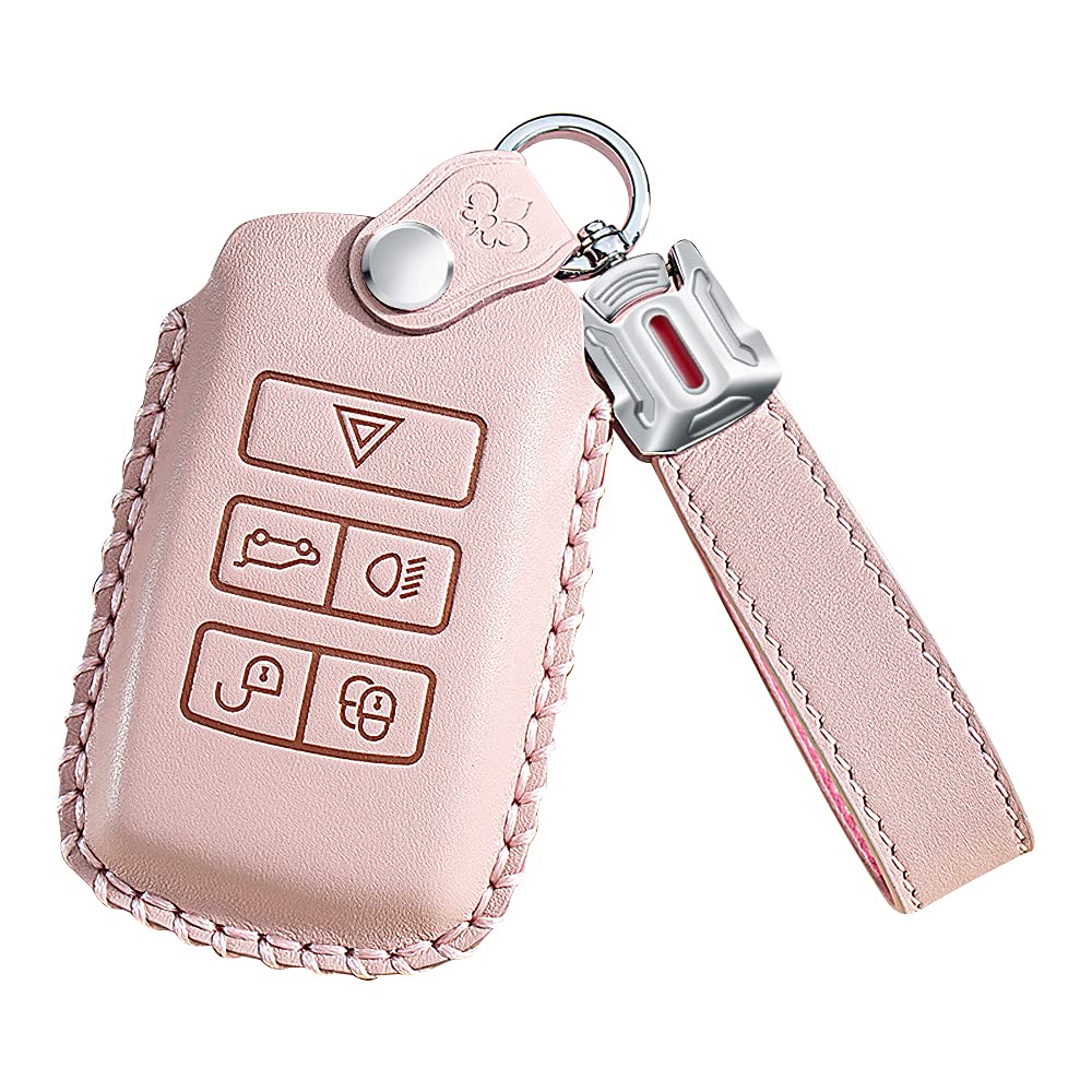 ontto Leather Car Key Fob Cover Keyring for Land Rover Range Rover Sport Evoque Velar Discovery 5 2018 2019 5-Buttons accessories Key Case keychain Remote key Shell key Holder Protector Pink B