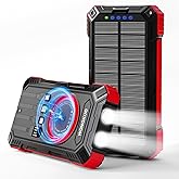 WONGKUO Solar Charger Power Bank - 49800mAh Solar Phone Charger with USB-C in/Output, QC 3.0 Fast Charging with LED Flashlight, Built-in 4 Cables, IP65 Waterproof Fits for Outdoor (Brilliant Red)