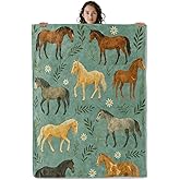 Beautiful Horses Blanket, Daisy and Leaves 60 x 50 Inch Flannel Throw Blanket, Gifts for Women Kids, Lightweight Cozy Warm Blankets for Sofa Travel Home Decor