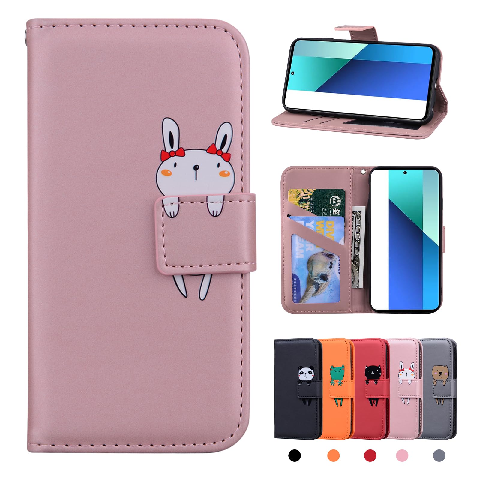 Rostsant Xiaomi Redmi Note 13 4G Case Cover Skin Feel PU Leather Case Xiaomi Redmi Note 13 4G Magnetic Closure Protective Wallet Flip Cover Stand Protective Case for Redmi Note 13 4G Pink Rabbit — image 1