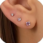 Hypoallergenic Gold Flat Back Stud Earrings for Women - 3 Pairs White/Purple/Pink CZ Screw Back Earrings Set for Cartilage, Helix, Earlobe & Multiple Piercings, Surgical Stainess Steel Safe for Sensitive Ears