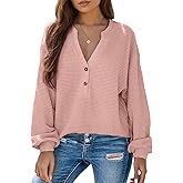 Dokotoo Womens Waffle Knit Tops 2026 Dressy Casual Button Shirts Long Sleeve V Neck Blouses Basic Tee