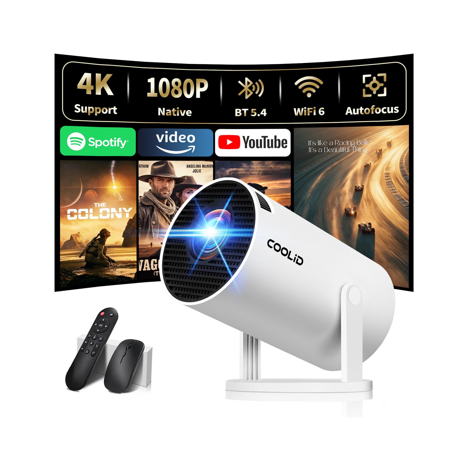 Photo 1 of [Built-in Apps & 2025 Upgraded] Mini Projector Support 4K 1080P Auto Keystone 270° Rotatable with WiFi 6 and Bluetooth 5.4, Projector Portable Compatibile with HDMI/TV Stick/Memory Stick/Laptop-White