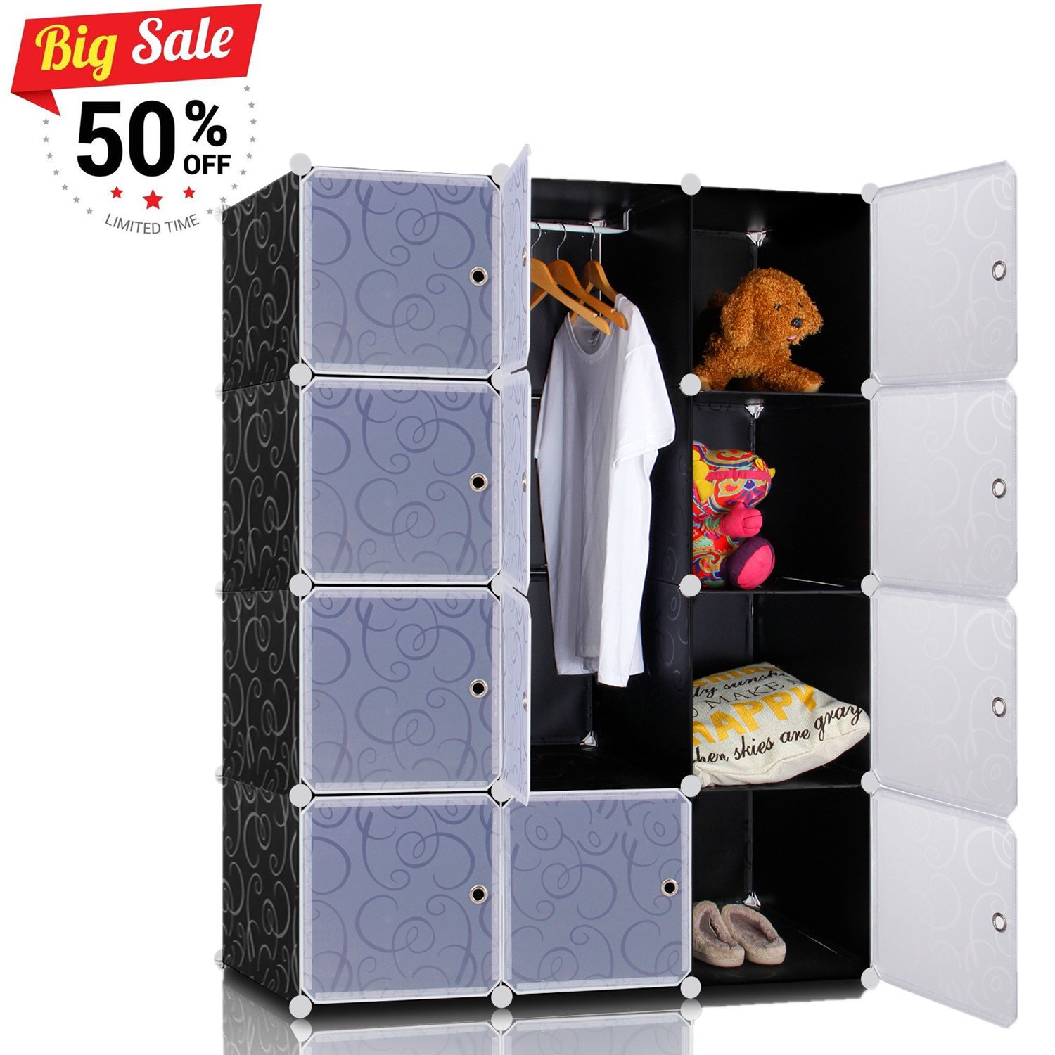 Lifewit Armoire A Vetement Avec 12 Cubes Diy En Plastique Resine Penderie Rangement Amovible Noir Et Blanc Systemes De Penderie Cuisine Maison