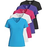 Real Essentials 5 Pack: Women's Short Sleeve Breeze Tech V-Neck T Shirt –Workout Top Wicking Dry Fit Athletic Tee (Plus)