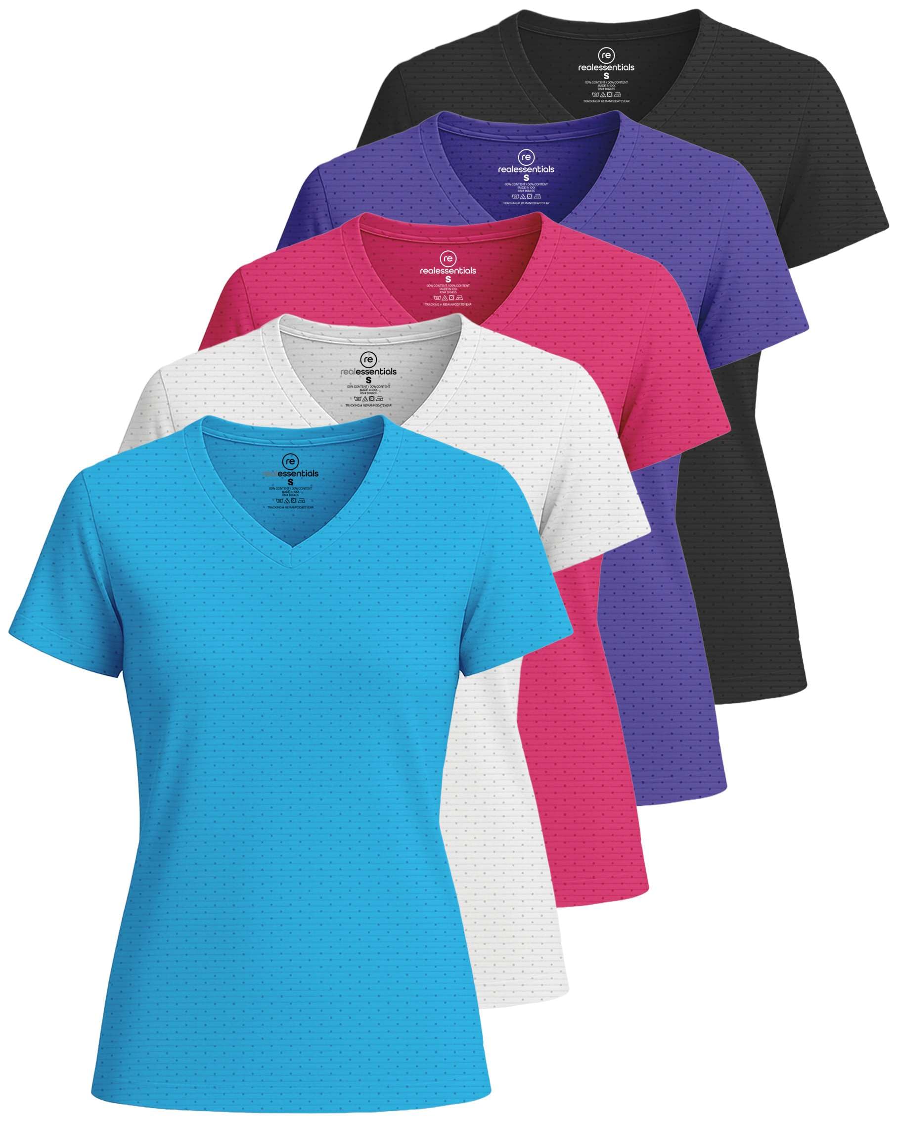 Photo 1 of ***MISSING BLUE PIECE*** Real Essentials 5 Pack: Women's Short Sleeve Breeze Tech V-Neck T Shirt –Workout Top Wicking Dry Fit Athletic Tee- Set 1,XL