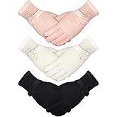 Geyoga 3 Pairs Winter Warm Gloves for Women Floral-cuff Knit Gloves Pink Black White Cozy Winter Wear Winter Warm Gift for Women