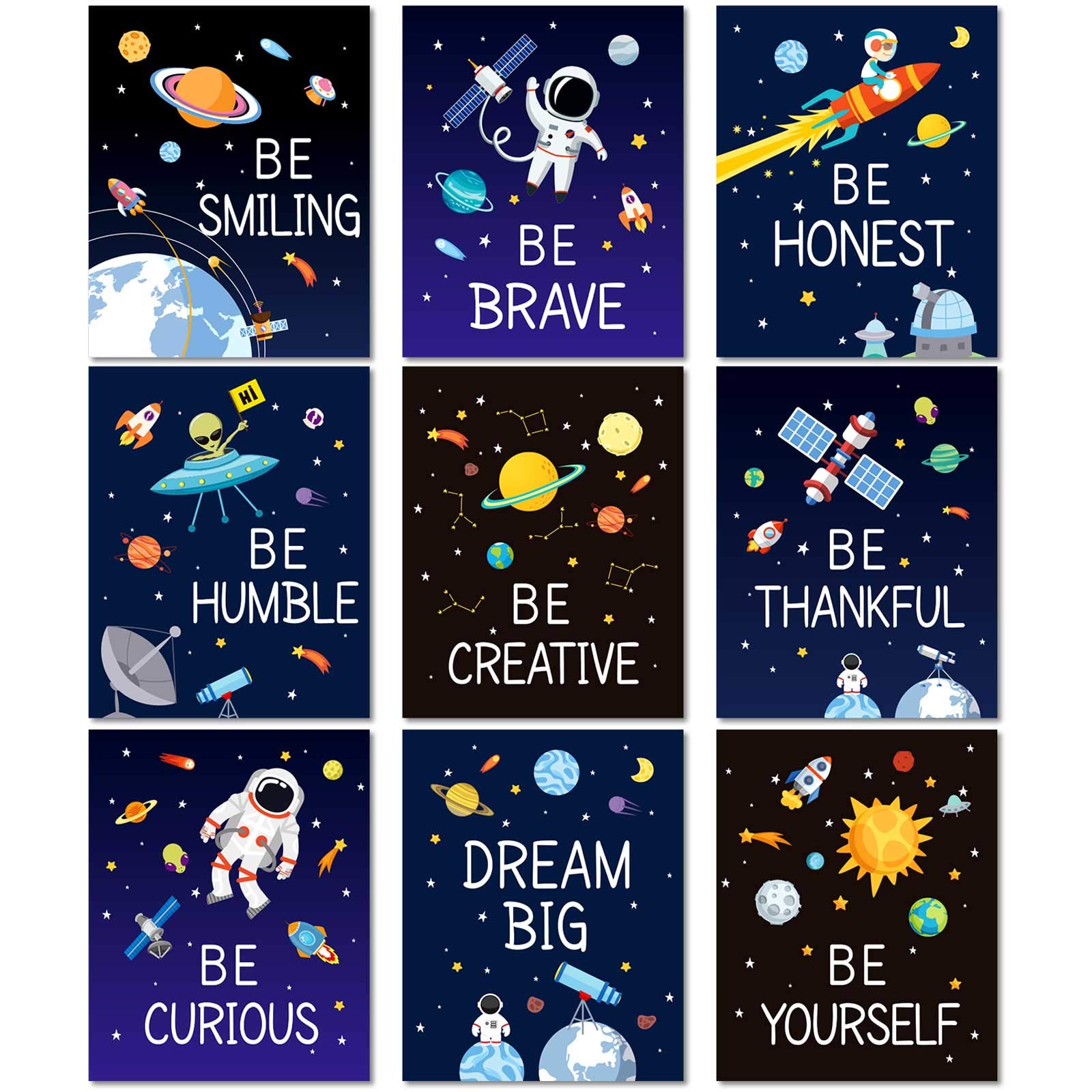 Zonon 9 Pieces Outer Space Decor for Kids Room Boy Bedroom 8 x 10 Inch Outer Space Unframed Posters Inspirational Art Decoration for Boys and Girls Playroom Nursery College Dorm Decor