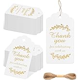 100pcs Thank You Gift Tags with String,White Paper Tags with Gold Stamp,1.77 x 3.74 Inches Hanging Label for DIY, Wedding, Birthday, Bridal Shower, Teacher Appreciation,Party Gift Wrapping.
