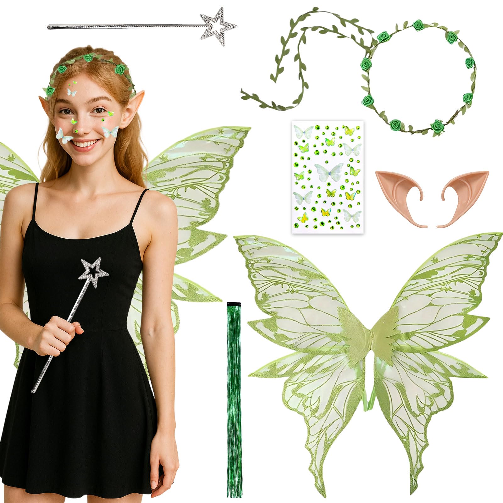 MUNSKT Fairy Wings Adult,Angel Costume Accessories,Butterfly Wings, Elf Ears Flower Headband Magic Wand,Fancy Dress Up Costumes for Halloween Party Cosplay (Green)