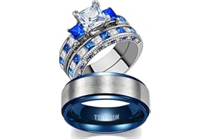 LOVERSRING TWO RINGS Wedding Ring Sets His And Hers Promise Ring Couples Bridal Sets Women 925 Sterling Silver square Cz Man Stainless Steel Brushed Finished Wedding Bands